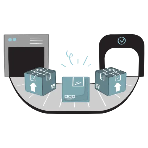 Three packages on a conveyor belt, with one package in the center highlighted to show motion or importance.